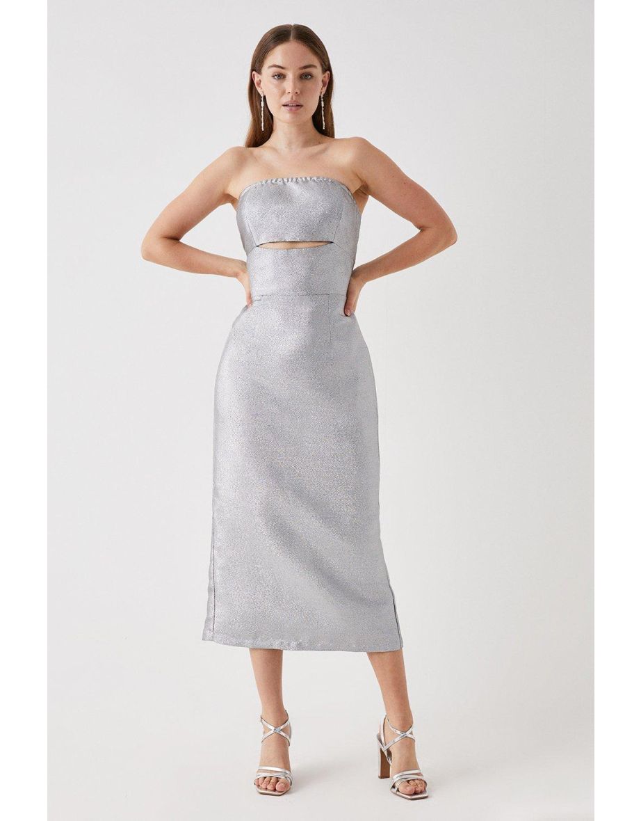 Debut London Glitter Strapless Column Midi Dress - silver