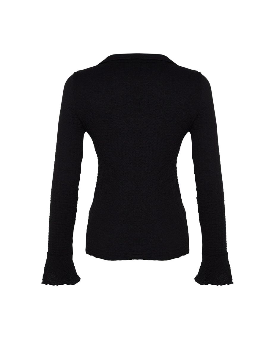Black Premium Textured Spanish Sleeve Stretch Knitted Shirt - 7
