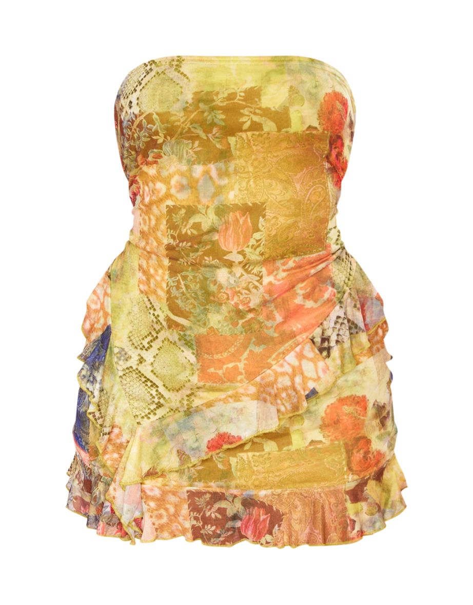 Plus Green Renaissance Print Bandeau Frill Hem Mini Dress - 4