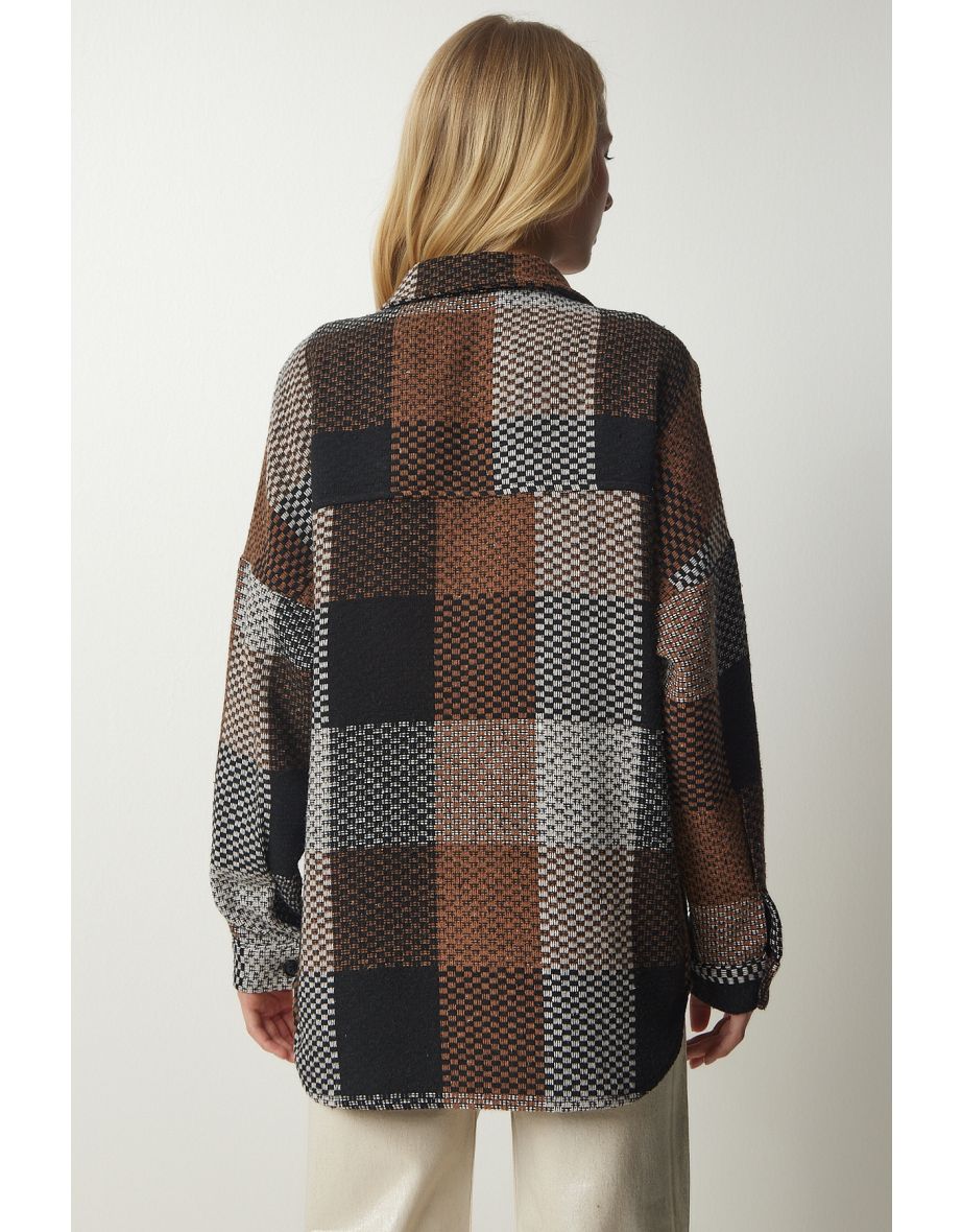 Women's Brown Ecru Patterned Oversized Stamp Lumberjack Shirt - 4
