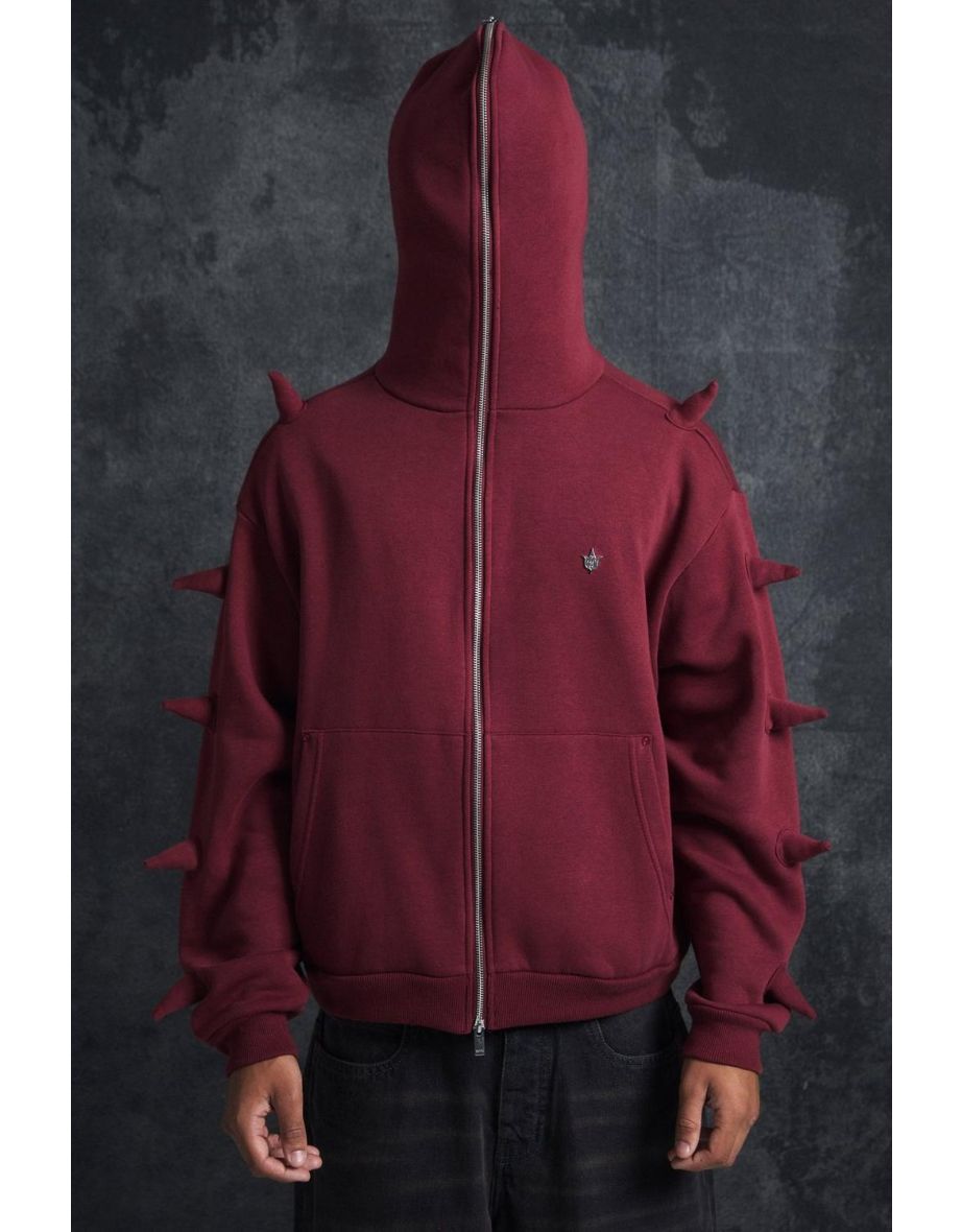 Trippie Redd Oversized Boxy Spike Full Zip Through Hoodie - burgundy - 2