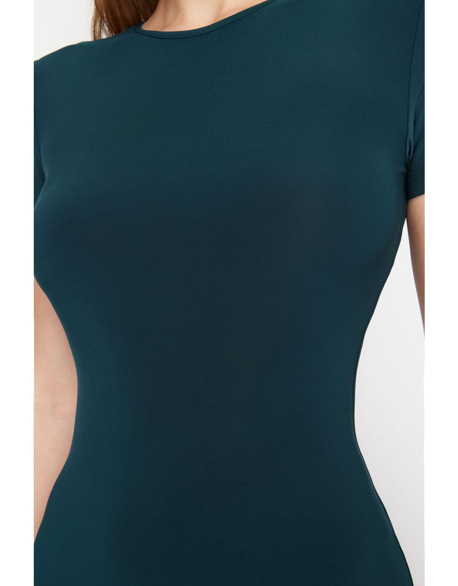 Emerald Green Short Sleeve /Slippery Crew Neck Stretch Knitted Dress - 7