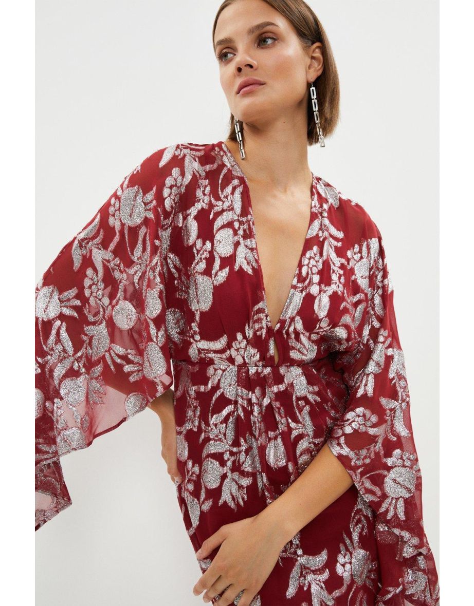 Premium Metallic Kimono Sleeve V Neck Dress
