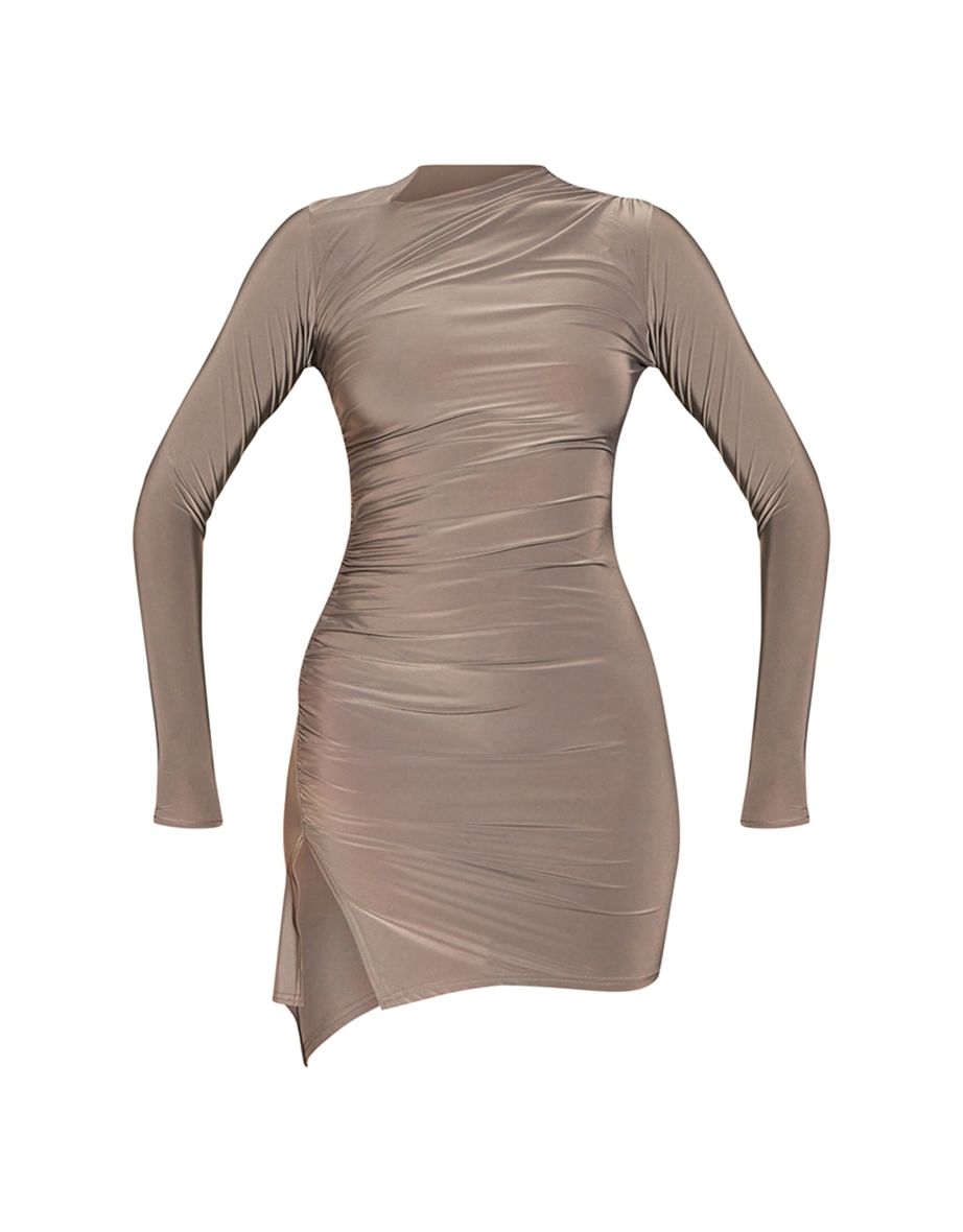 Charcoal Grey Ruched Side Slit Long Sleeve Bodycon Dress - 4