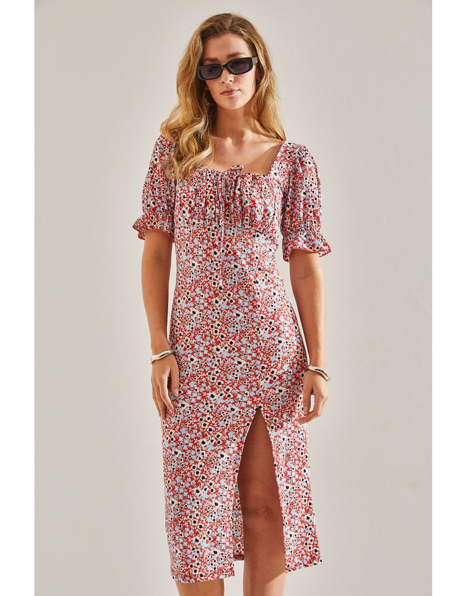Women's Madonna Collar Tied Floral Patterned Dress - 6