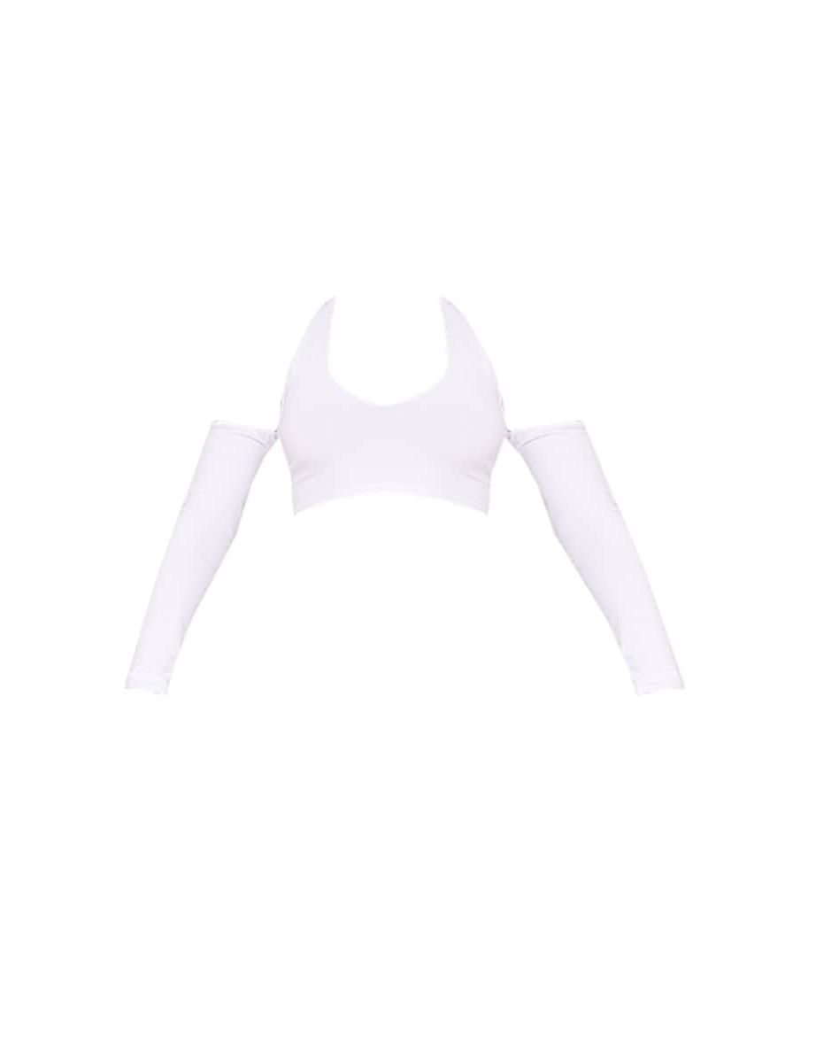 White Halter Neck Cold Shoulder Crop Top - 4