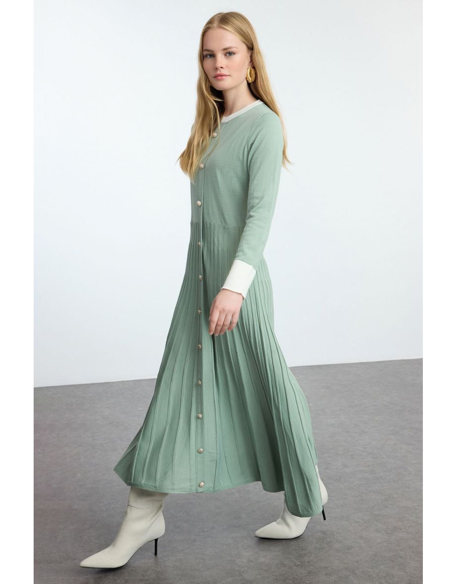 Mint Pleated Knitwear Color Block Dress - 4