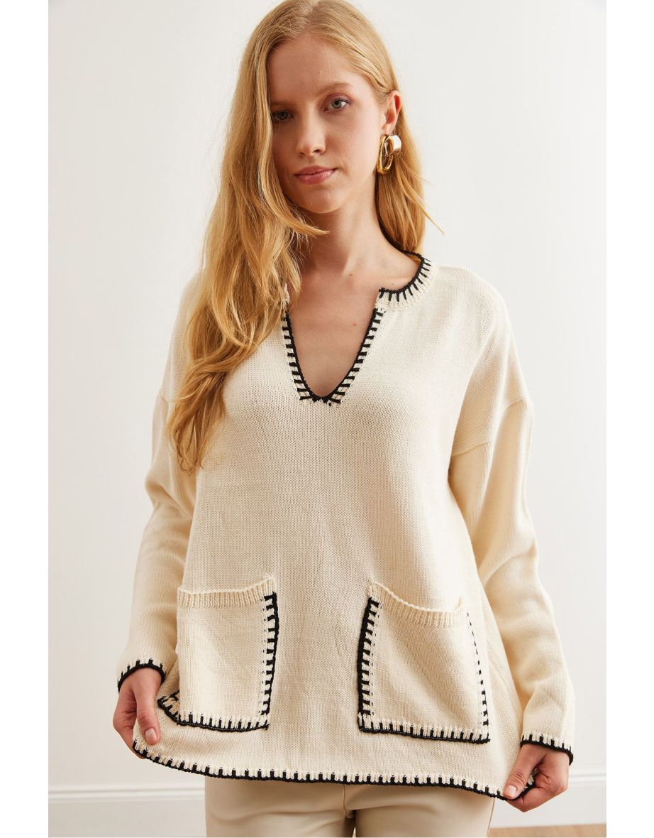 Women's Ecru Collar and Pocket Detailed Knitwear Sweater KZK-19000810