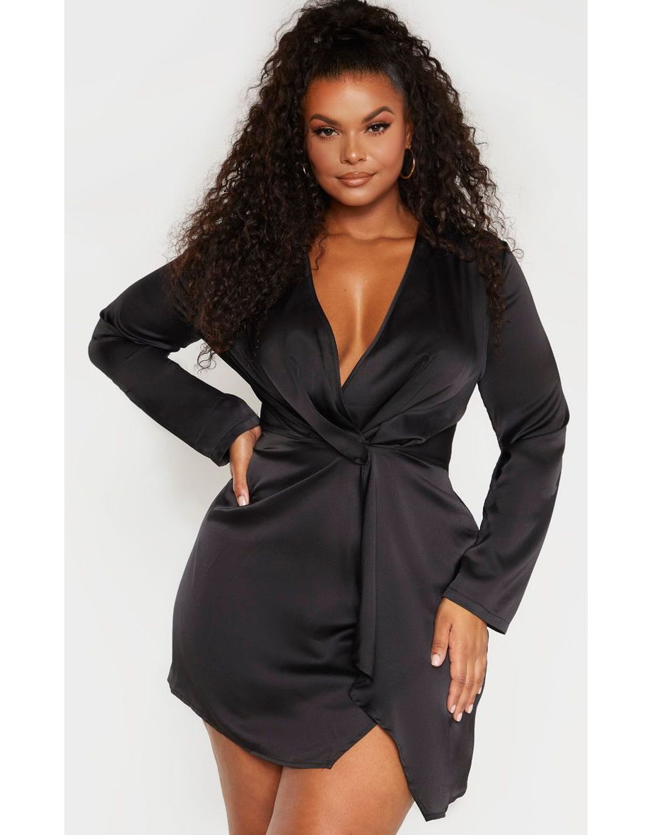 Plus Black Satin Long Sleeve Wrap Dress