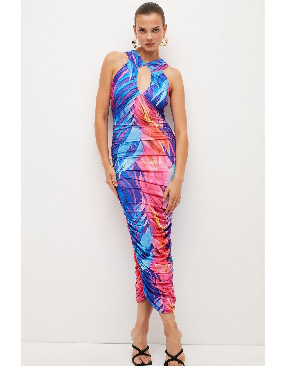Feather Print Cut Out Jersey Crepe Maxi Dress