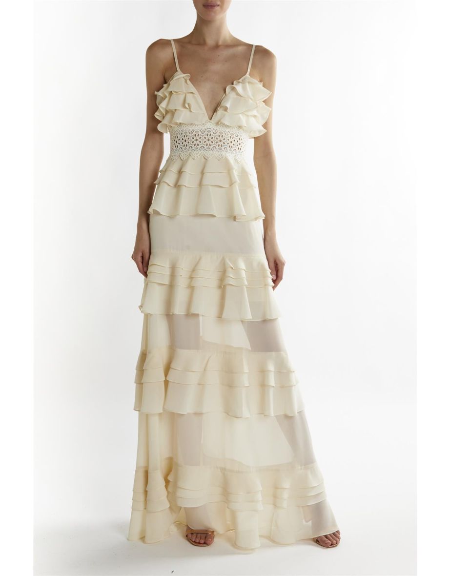 Cream Sophia Plunge Front Tiered Ruffle Maxi-Dress - 2