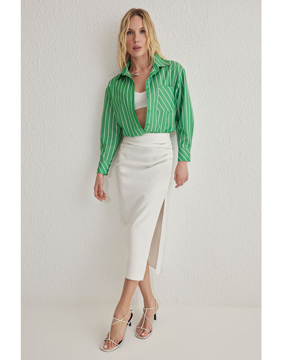 Bralette Detail in Green Striped Oversize Wide Pattern Woven Shirt