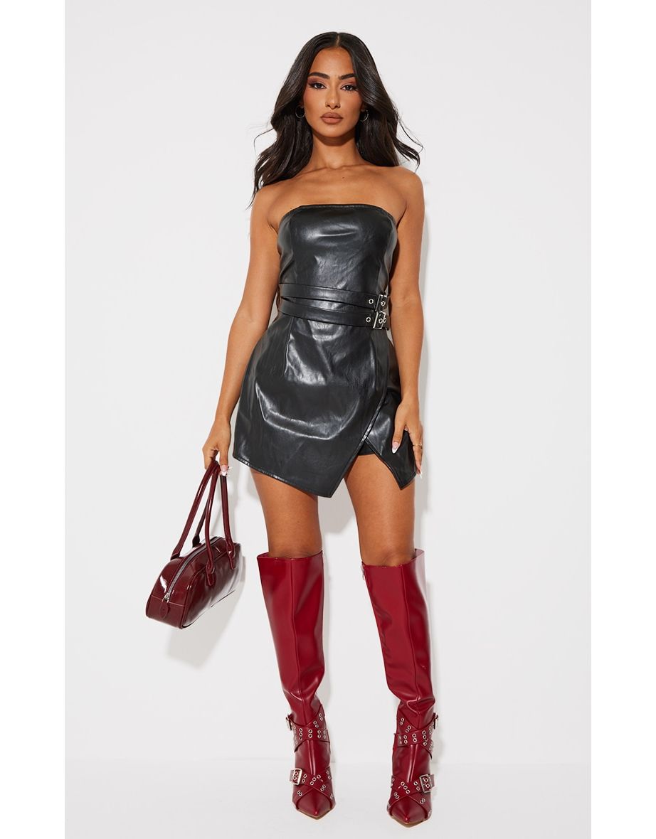 Shop Petite Black Faux Leather Bandeau Belt Detail Playsuit Online in Qatar VogaCloset