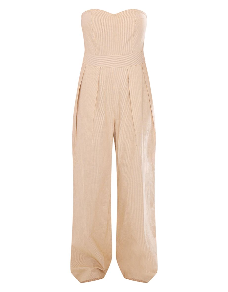 Stone Stripe Bandeau Cotton Pleated Detail Wide Leg Jumpsuit - 4