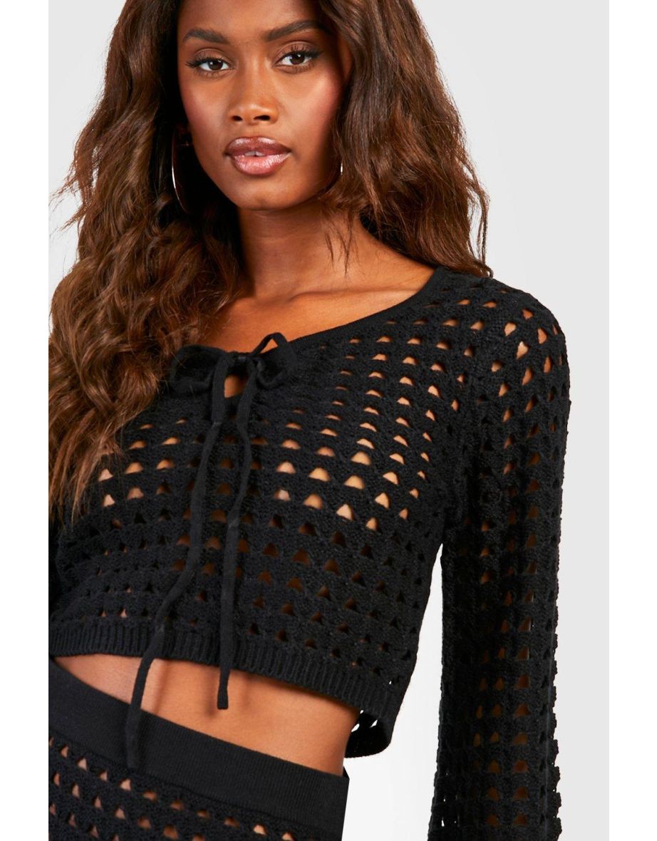 Crochet Lace Up Crop Top - black - 3