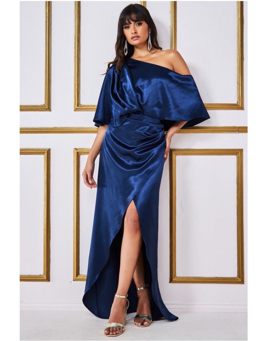 Goddiva Satin Drape Shoulder Wrap Maxi Dress - Navy