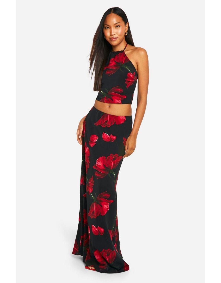Rose Print Tie Back Halterneck Cami Top - black