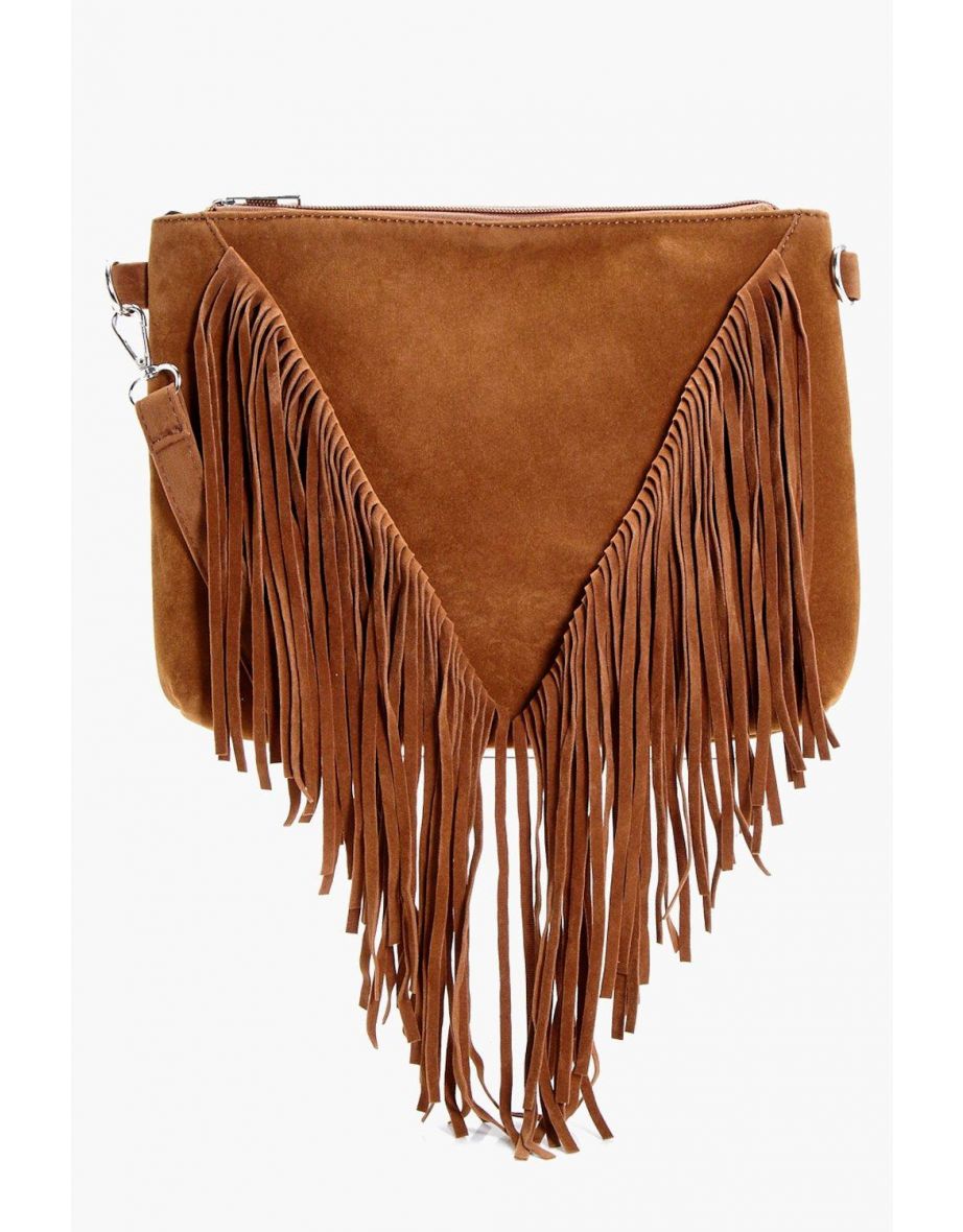 Suedette Fringed Cross Body Bag - tan