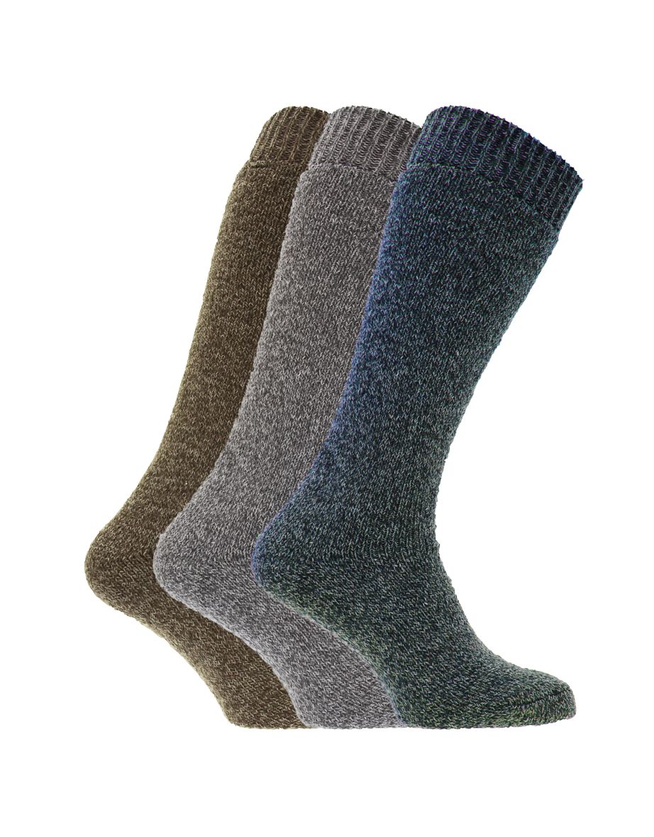 Mens Thermal Wool Blend Long Wellington Boot Socks (Pack Of 3) - Brown/Blue/Grey