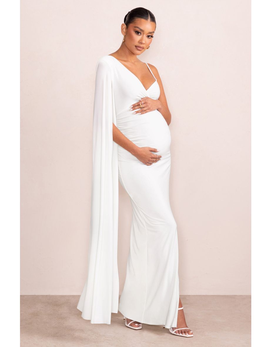 The Crown | White Asymmetric Plunge Maternity Maxi Dress with Cape Sleeve