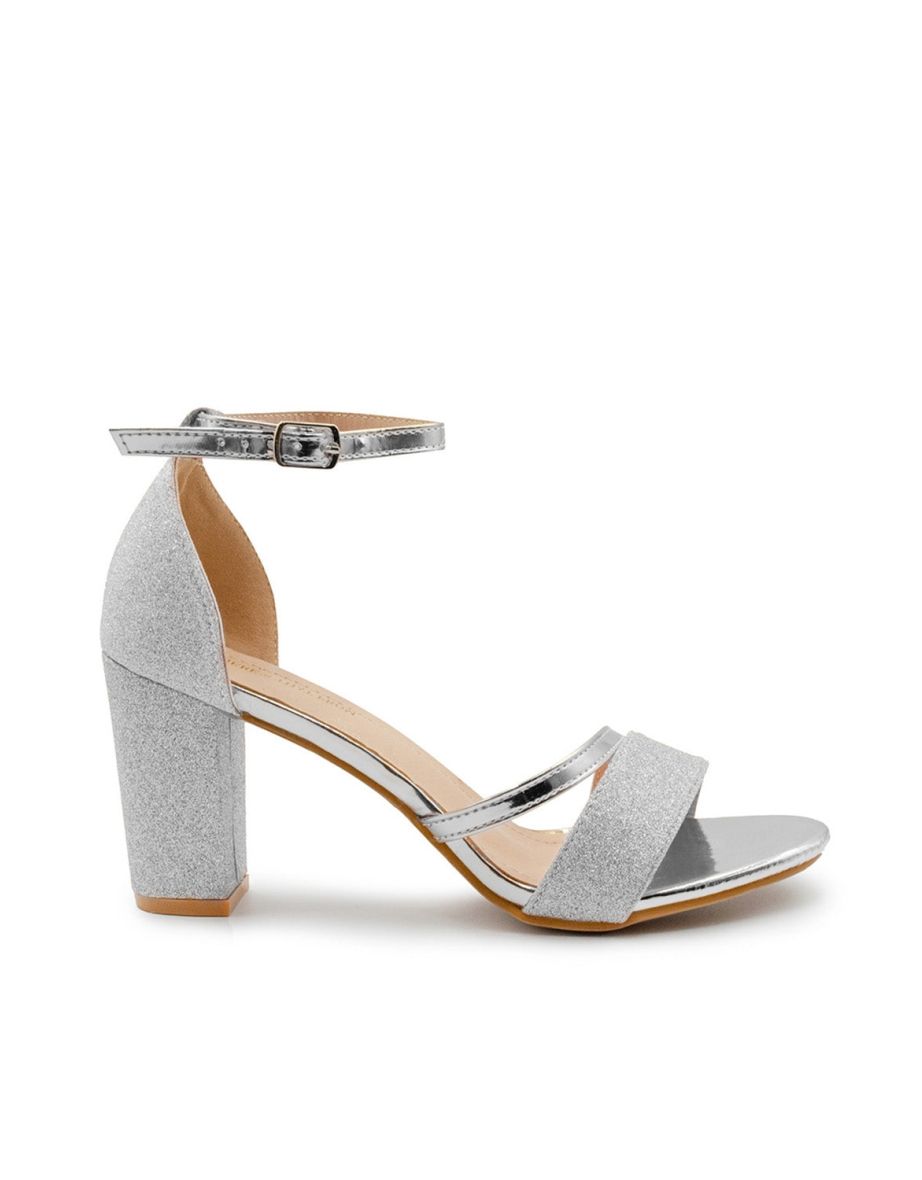 PERLA MID HIGH BLOCK HEEL SANDALS WITH ANKLE STRAP IN MOON SILVER GLITTER - 4