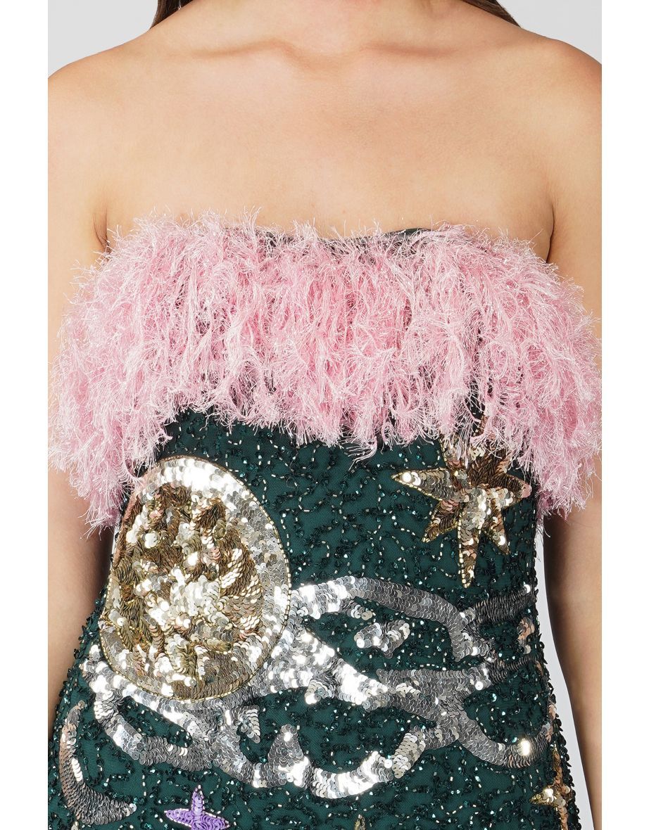Midnight Sequin Feather Mini Dress in Emerald Green - 4