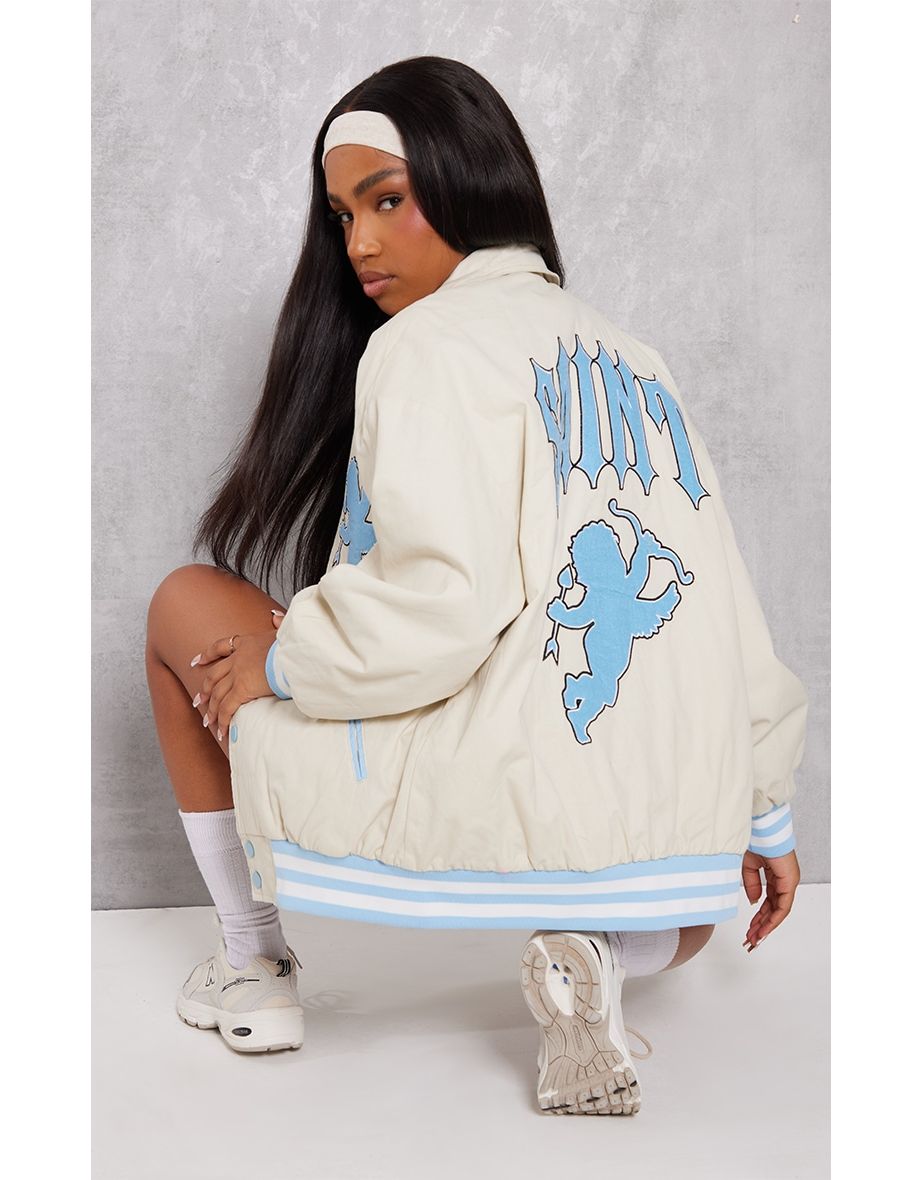 Stone Peach Skin Slogan Front Oversized Bomber Jacket