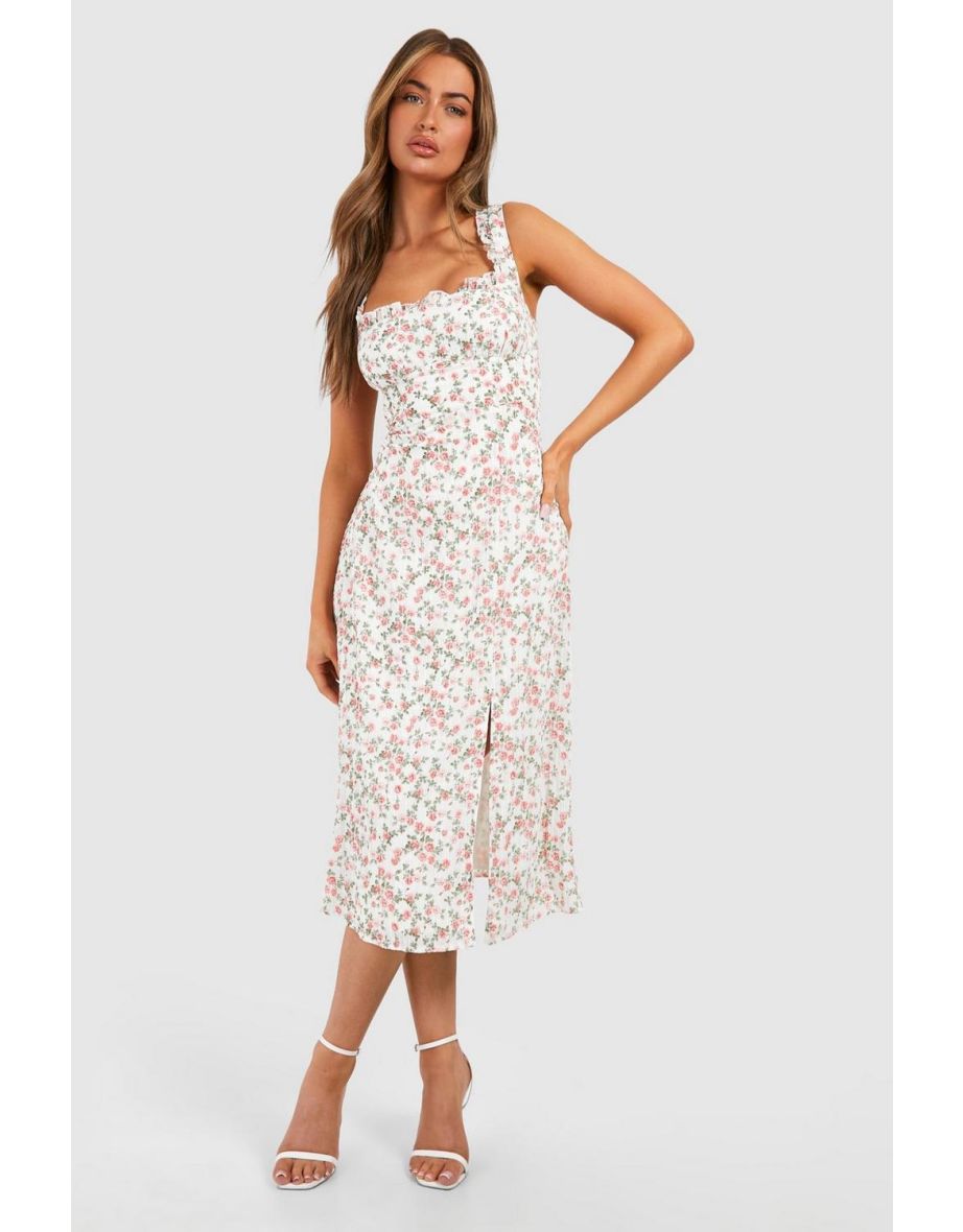 Floral Milkmaid Midi Dress - pink