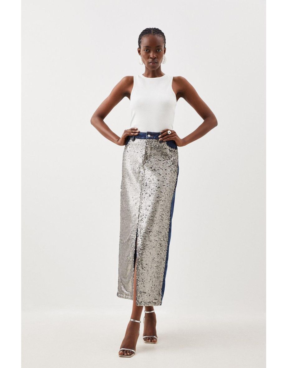 Denim & Sequin Maxi Skirt