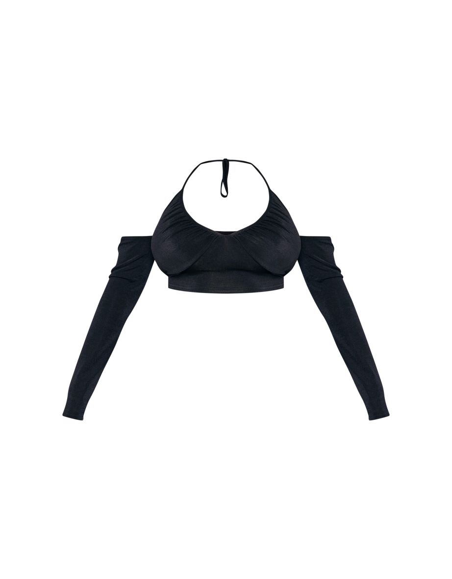 Plus Black Long Sleeve Halter Neck Top - 4
