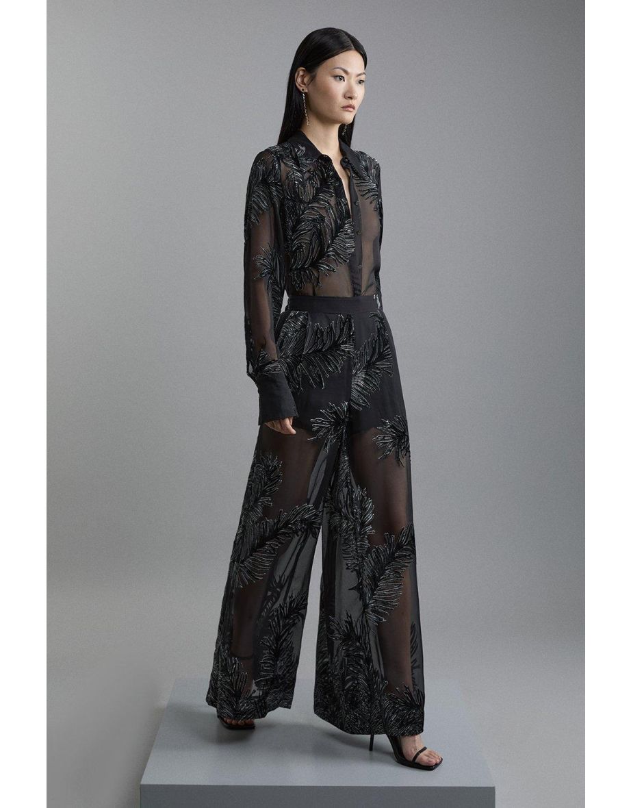 Petite Feather Devore Woven Wide Leg Trousers - 2