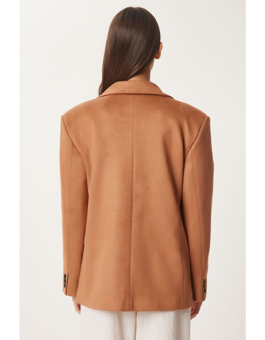 Women's Camel Premium Suede Blazer Jacket - 5