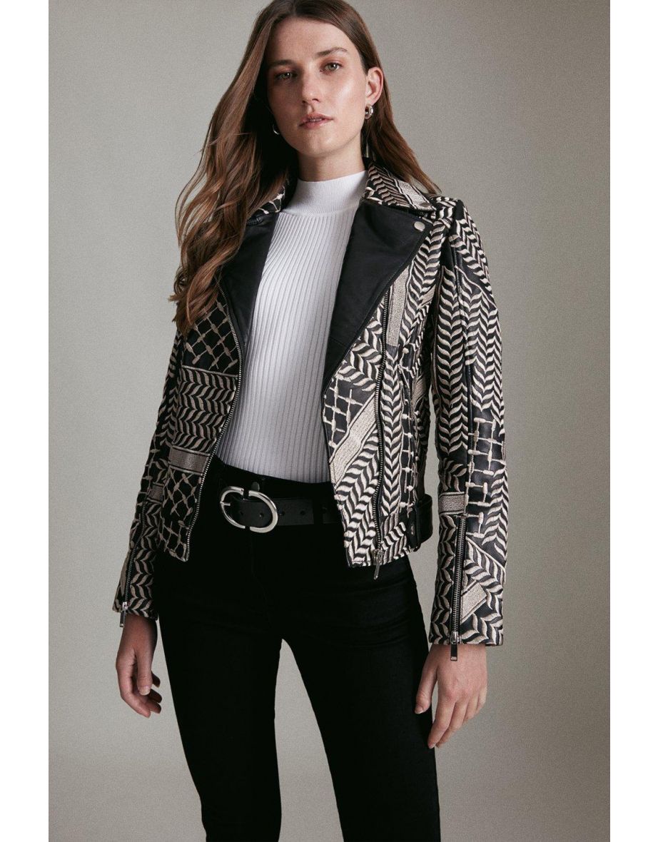 Leather Statement Embroidery Moto Jacket