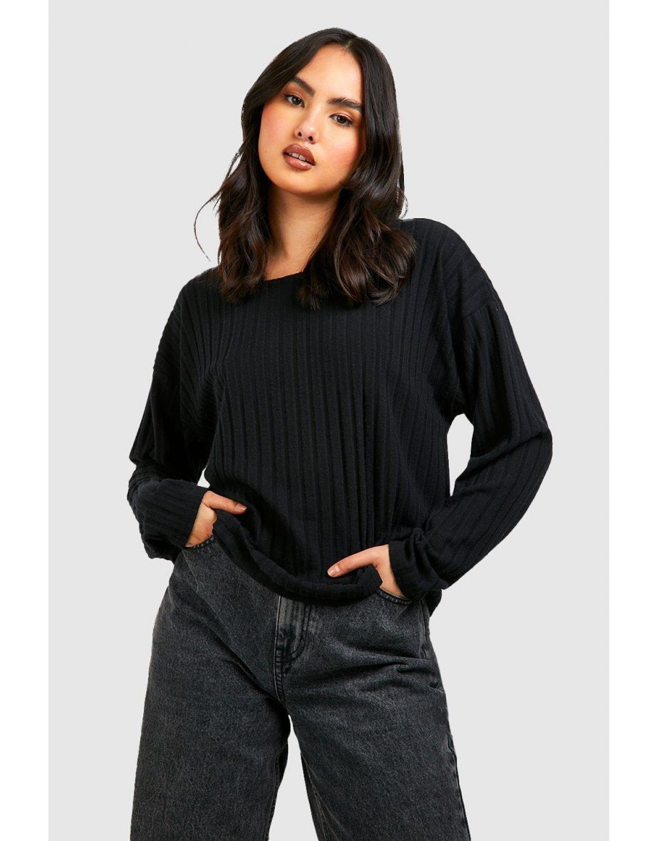 Brushed Jumbo Rib Long Sleeve Slouch Top - black - 3