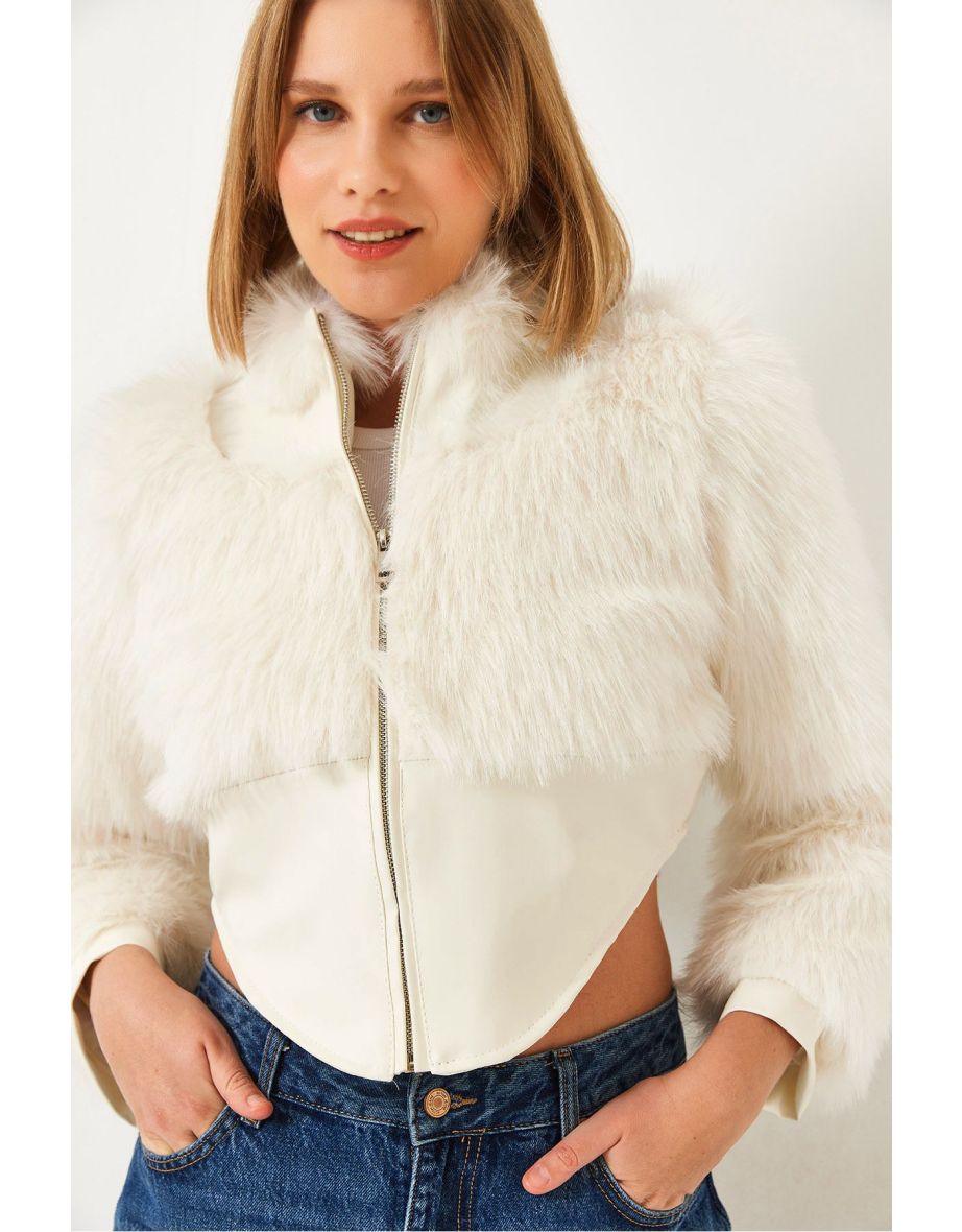 Women's Leather Garni Detailed Crop Faux Fur Jacket