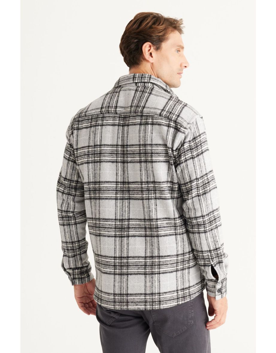 Men's Gray Oversize Loose Cut Button Collar Plaid Winter Shirt Jacket - 5