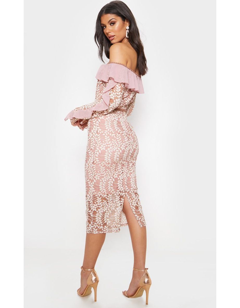 dusty pink bardot lace frill sleeve midi dress