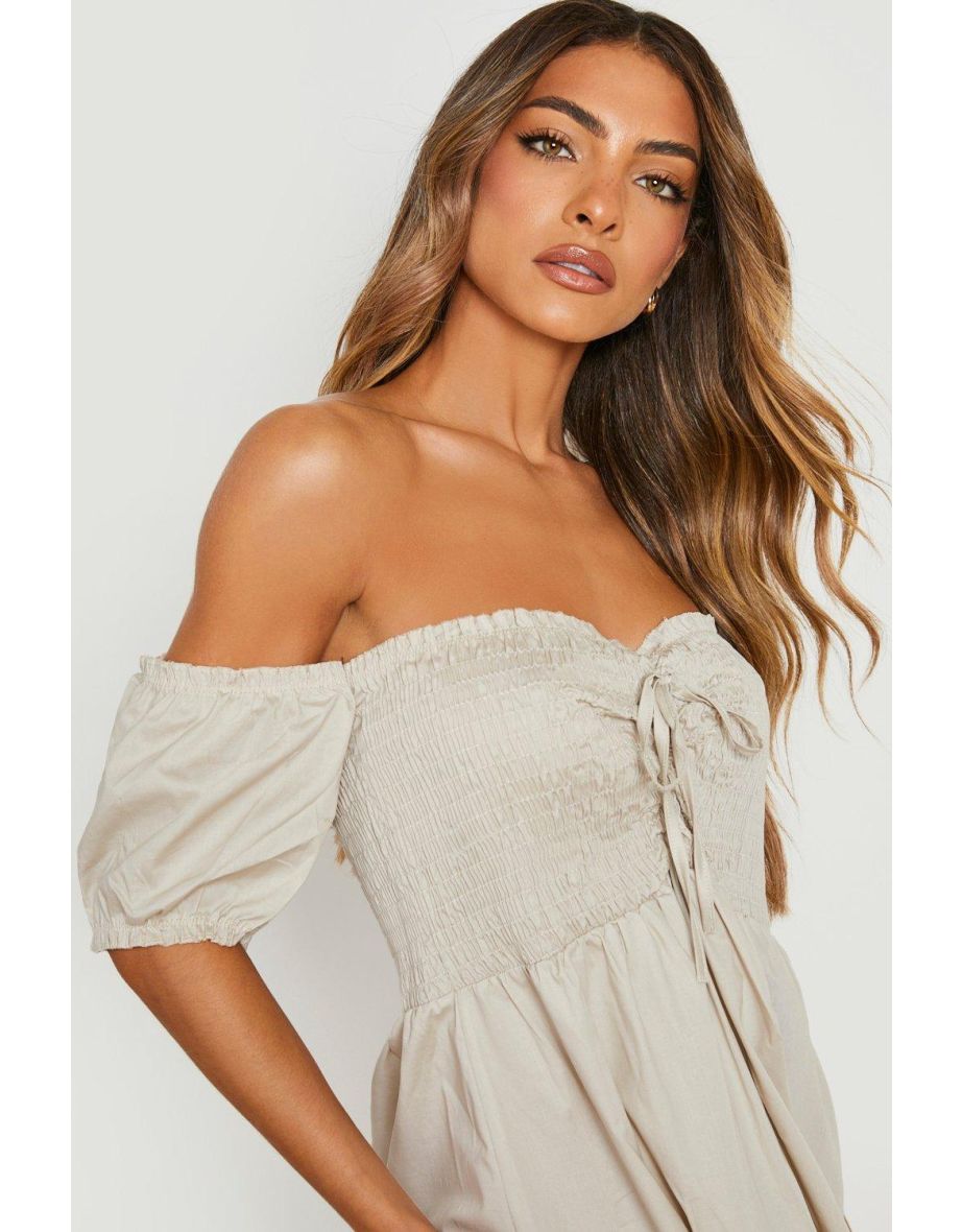 Off Shoulder Cotton Shirred Midi Dress - stone - 3