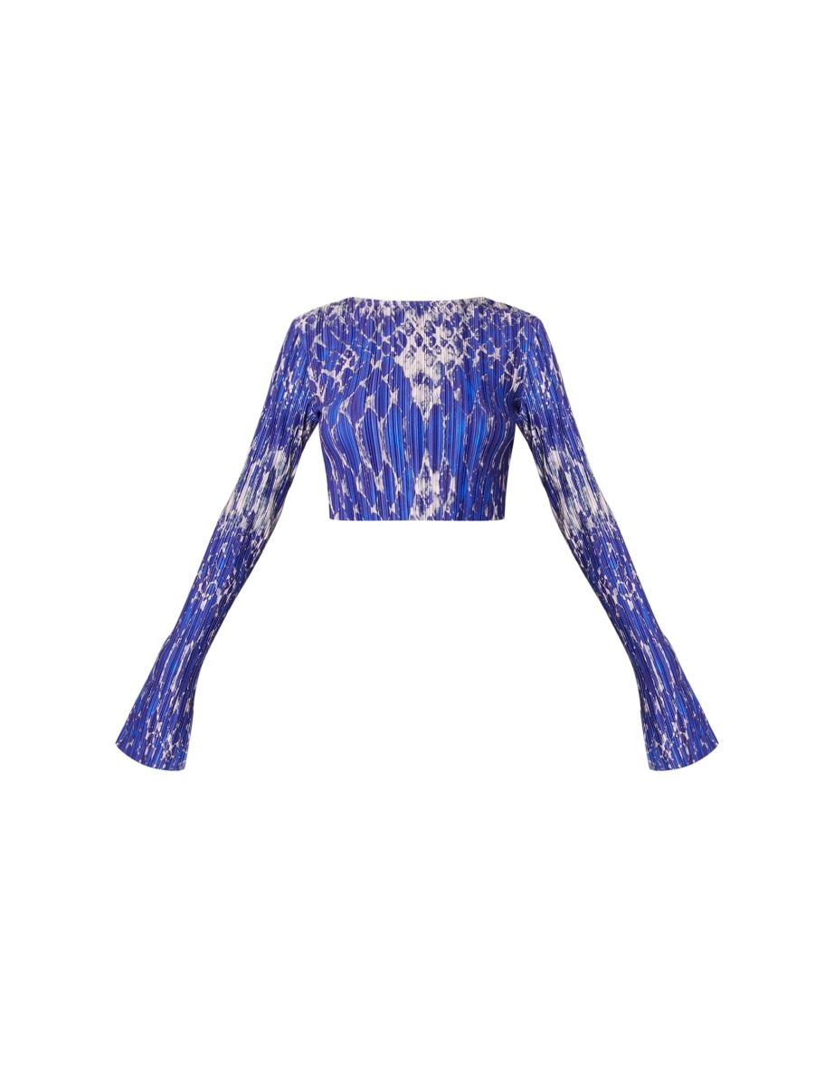Tall Blue Snake Print Long Sleeve Plisse Crop Top - 4