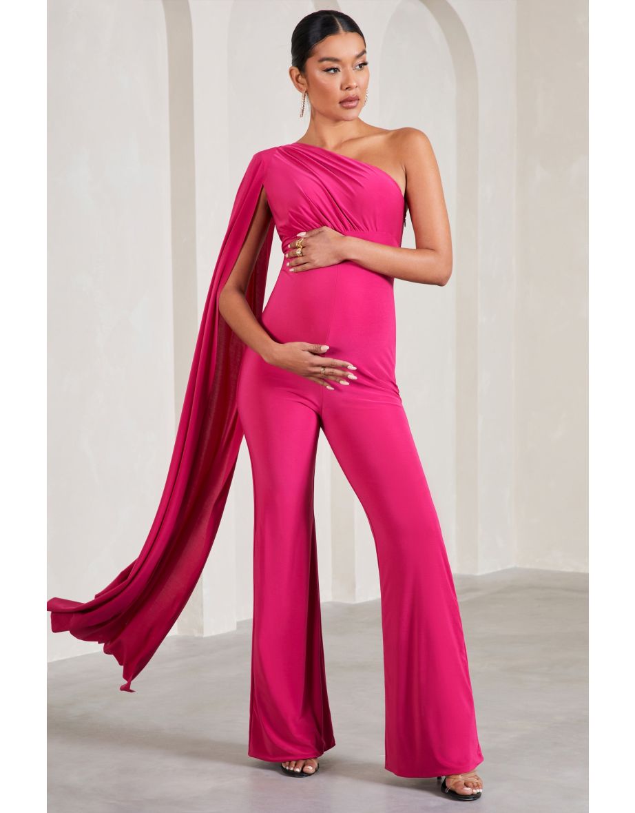 Sing To Sleep | Hot Pink Maternity One Shoulder Cape Jumpsuit - 4