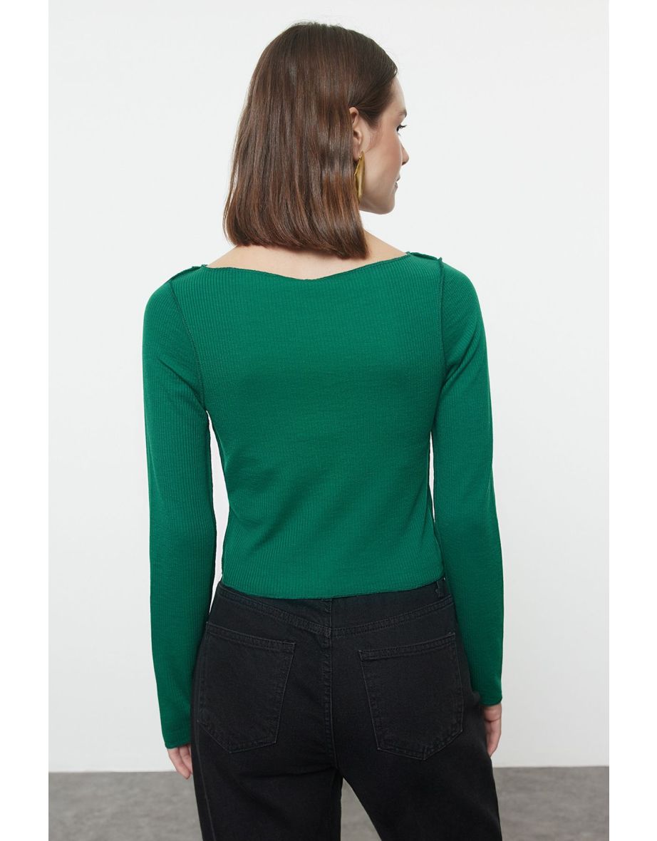 Emerald Green Stitching Detailed Carmen Collar Fitted Blouse - 4