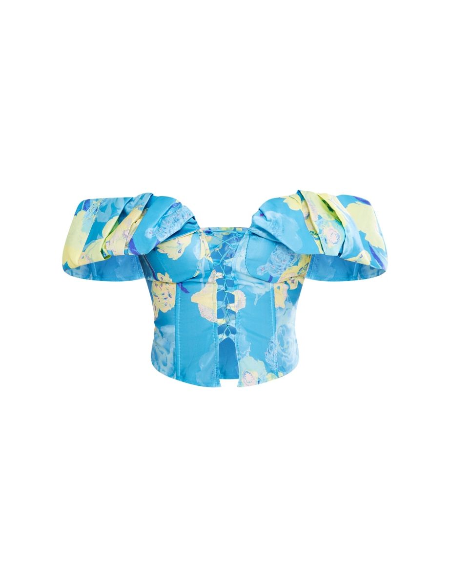 Blue Floral Structured Satin Extreme Ruched Lace Up Boned Corset Top - 3