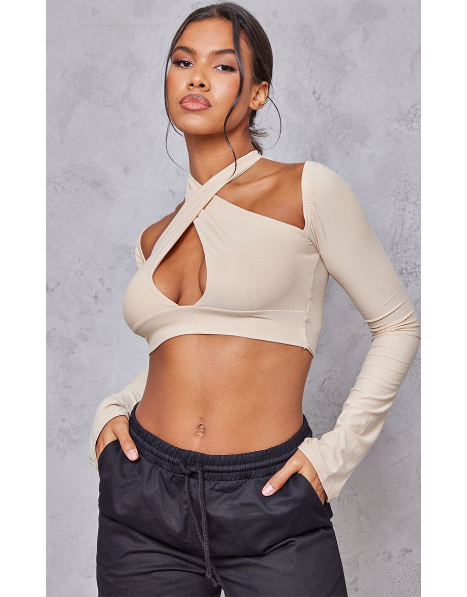 Sand Soft Touch Halter Cold Shoulder Crop Top