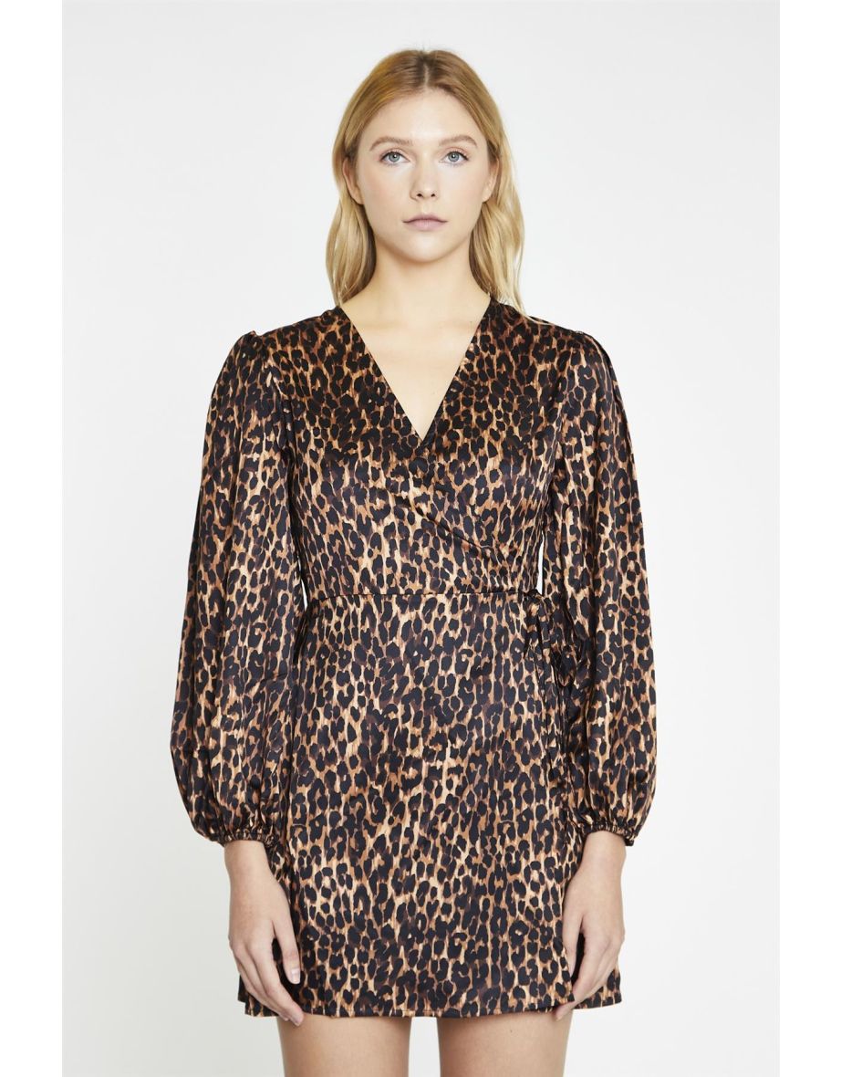 Brown Leopard Wrap Mini-Dress
