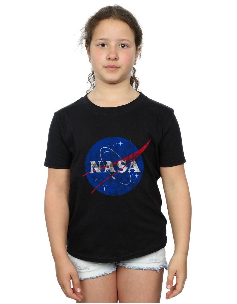 NASA Girls Classic Insignia Logo Distressed Cotton T-Shirt - Black