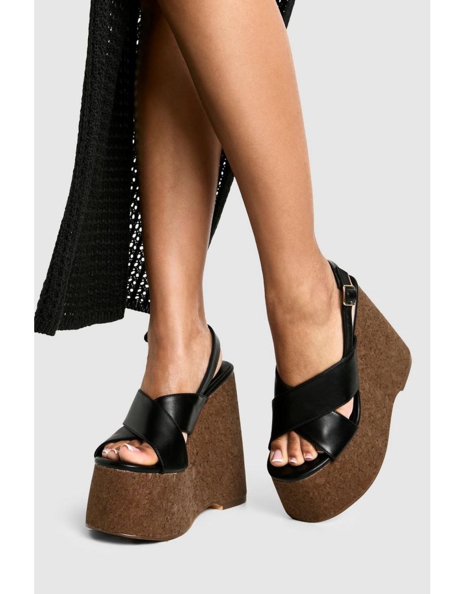Crossover Cork Detail Platform Wedges - black