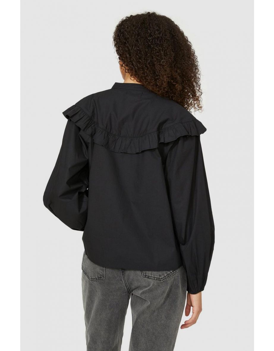 Frill Yoke 3/4 Shirt - black - 3