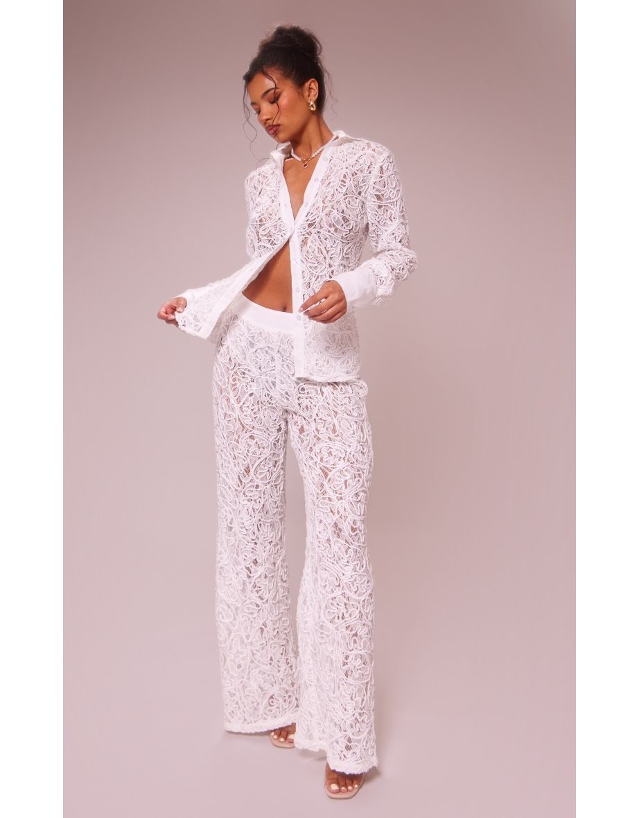 Shop White Premium Woven Jacquard Lace Wide Leg Trousers Online in Qatar VogaCloset