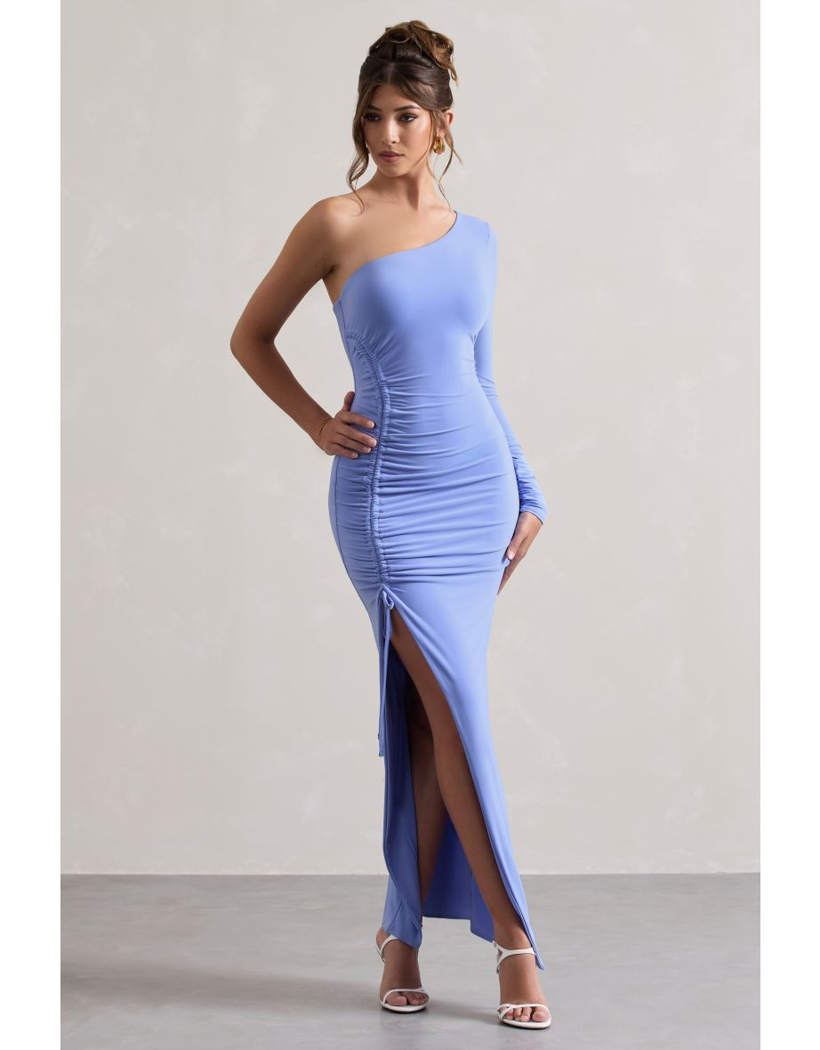 Anima | Pale Blue Asymmetric Ruched One-Sleeve Maxi Dress - 4