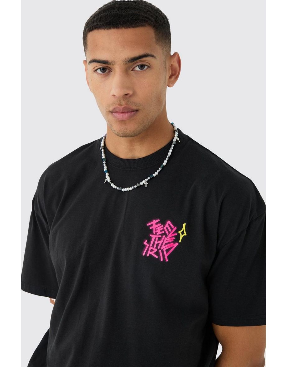 Oversized Boxy Extended Neck Trippy Graffiti Print T-shirt - black - 2